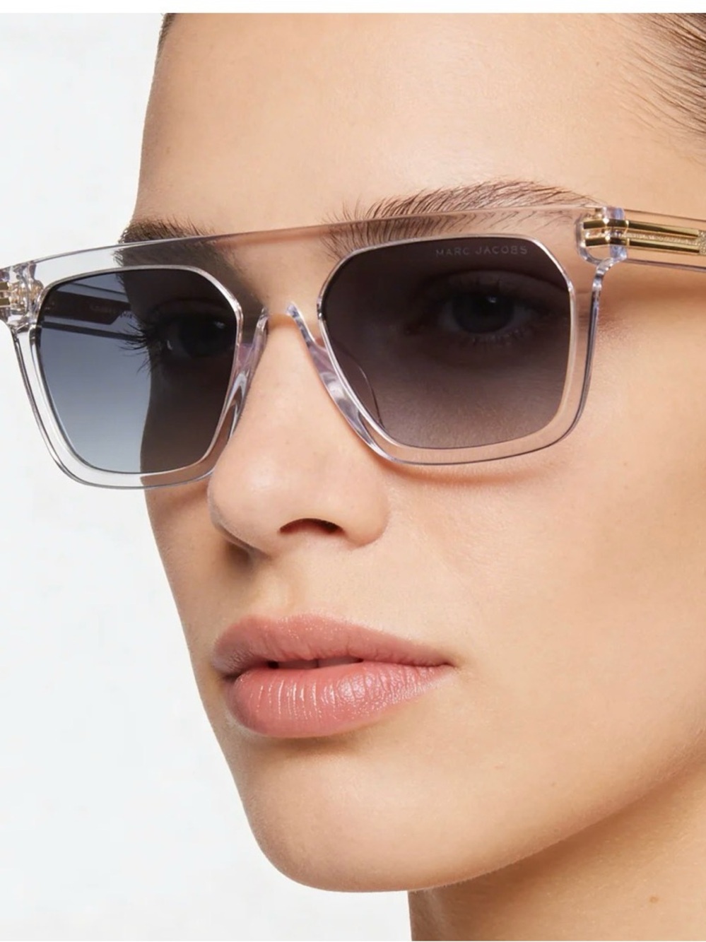 Marc Jacobs Clear Frame Sunglasses with Gray Gradient Lenses and Gold Accents